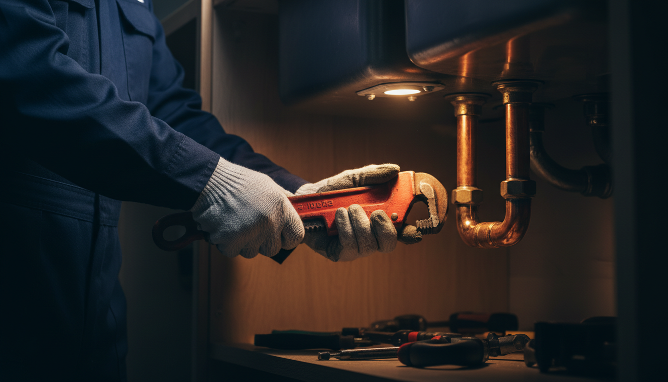 Professional plumber working on pipes